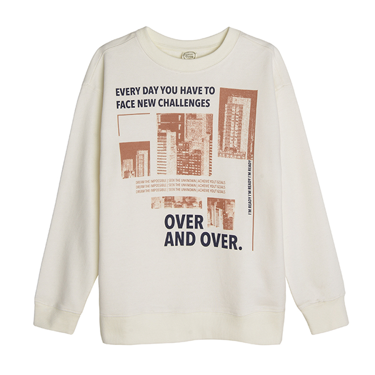 White sweatshirt with buildings print