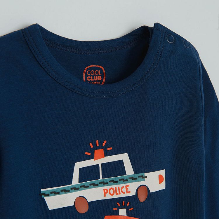 Blue long sleeve bodysuit with police cars print