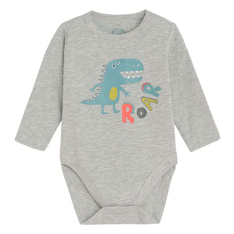 Grey long sleeve bodysuit with dinosaur print