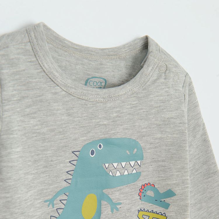 Grey long sleeve bodysuit with dinosaur print