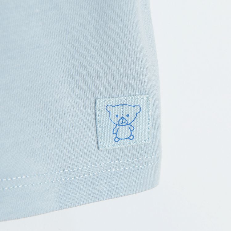 Light blue short sleeve T-shirt with pizza truck print