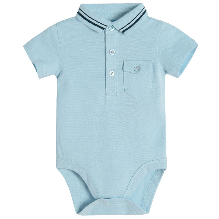 Light blue short sleeve polo style bodysuit with chest pocket