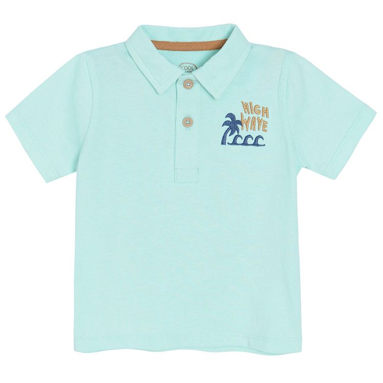 Turquoise polo short sleeve T-shirt with palm tree and SURF print on the back