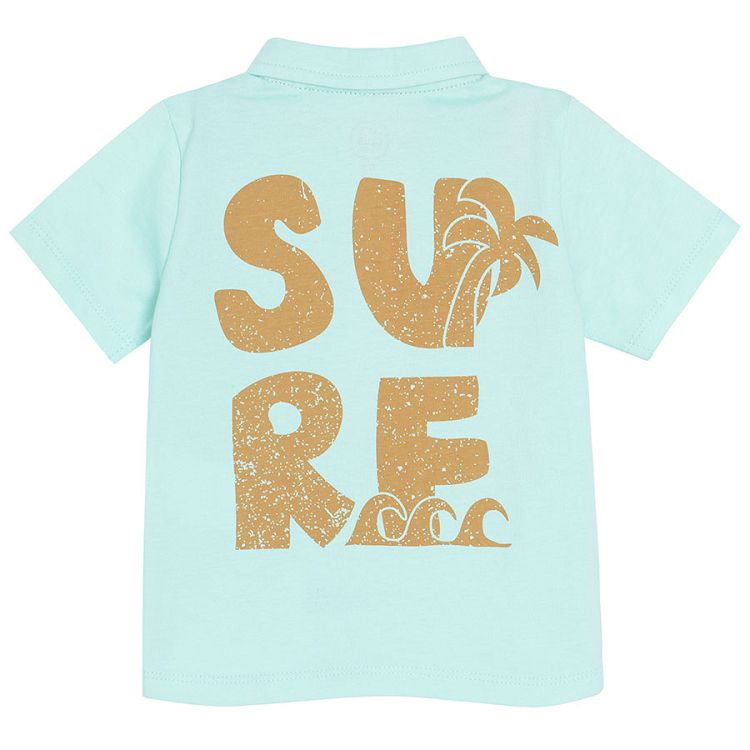 Turquoise polo short sleeve T-shirt with palm tree and SURF print on the back