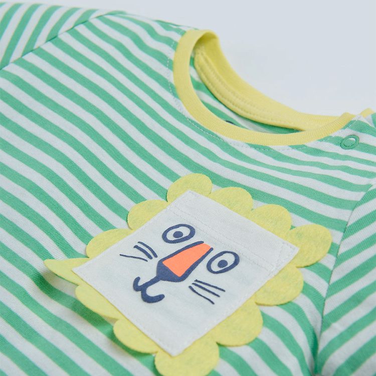 Green stripes short sleeve T-shirt with lion on chest pocket