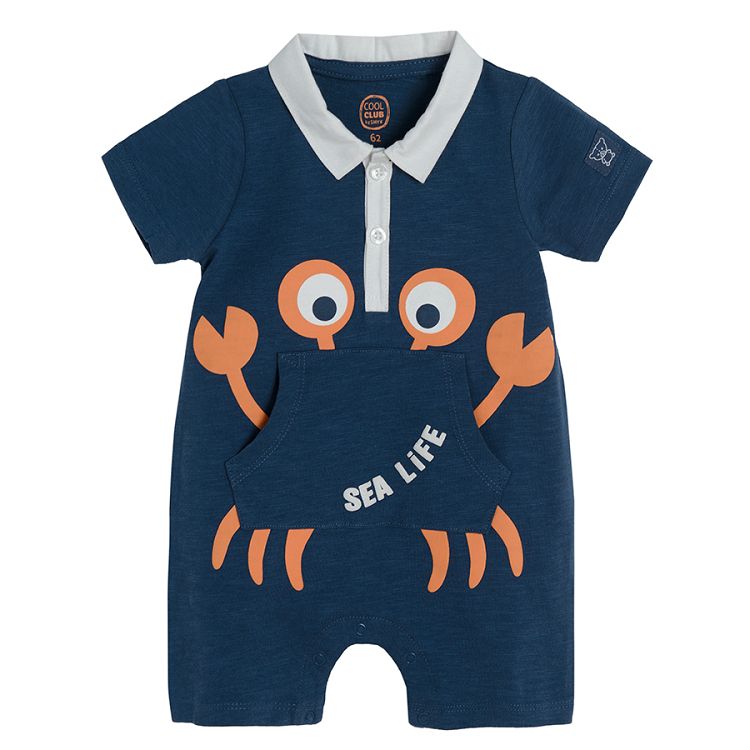 Navy blue romper with cute monster polo colar and pockets