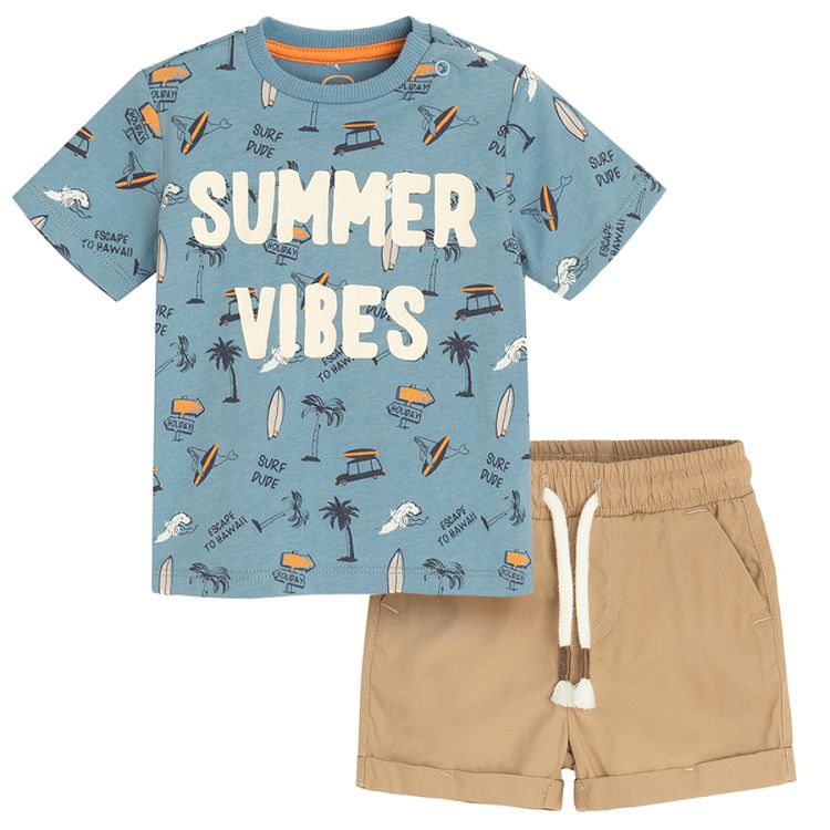 Blue T-shirt with SUMMER VIBES print and beige shorts- 2 pieces