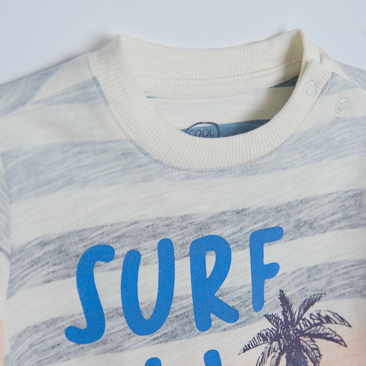 White stripes short sleeve T-shirt SURF ALL DAY print