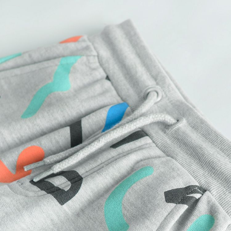 Grey melange jogging pants with lines and letters print and adjustable waist