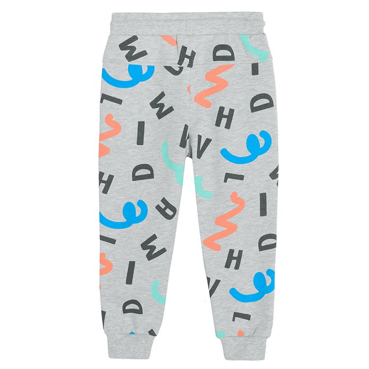 Grey melange jogging pants with lines and letters print and adjustable waist