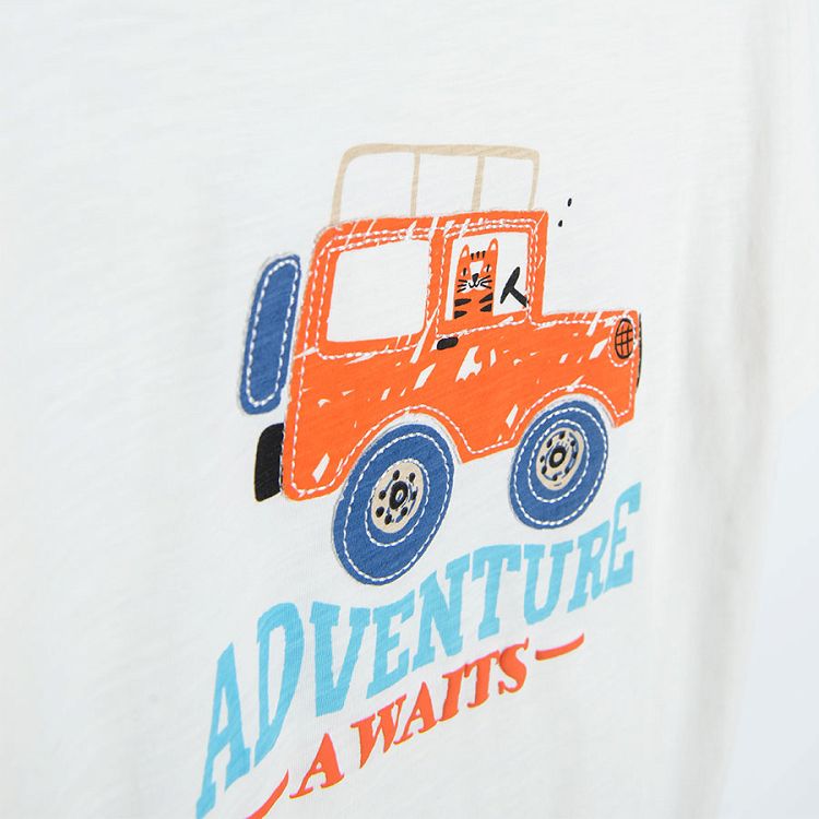 Cream short sleeve T-shirt with truck and ADVENTURE awaits print