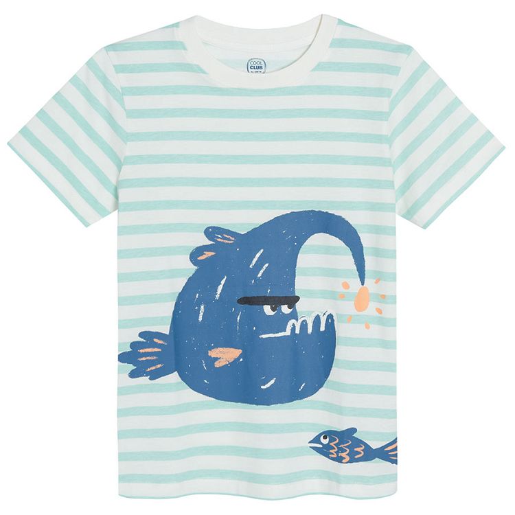 Light blue striped short sleeve T-shirt with sea fish print