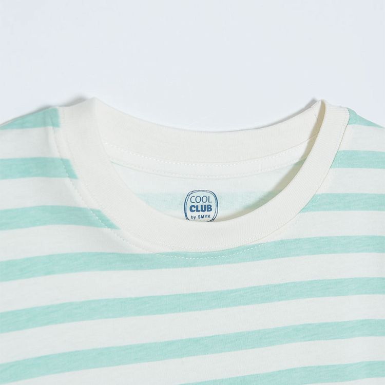 Light blue striped short sleeve T-shirt with sea fish print