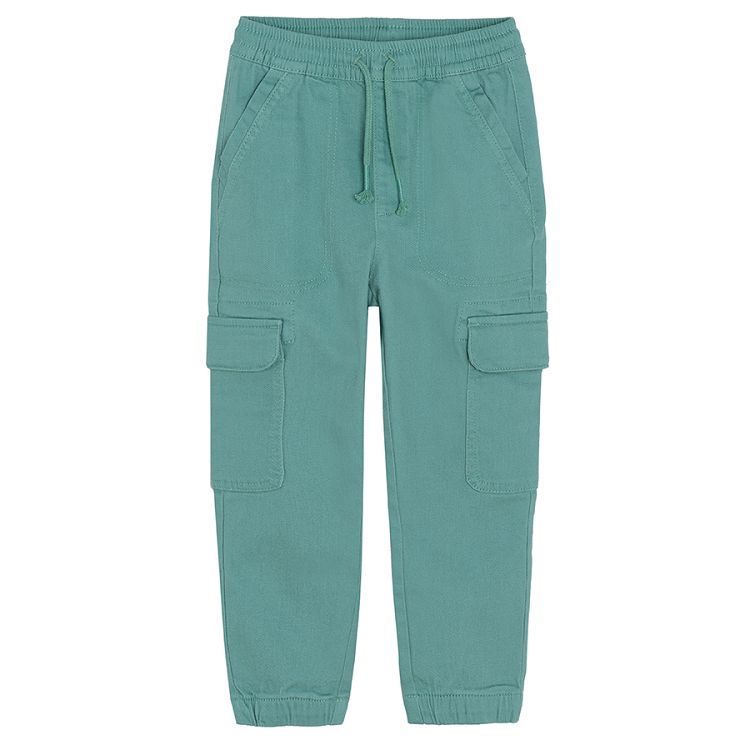 Blue trousers with adjustable waist and side pockets