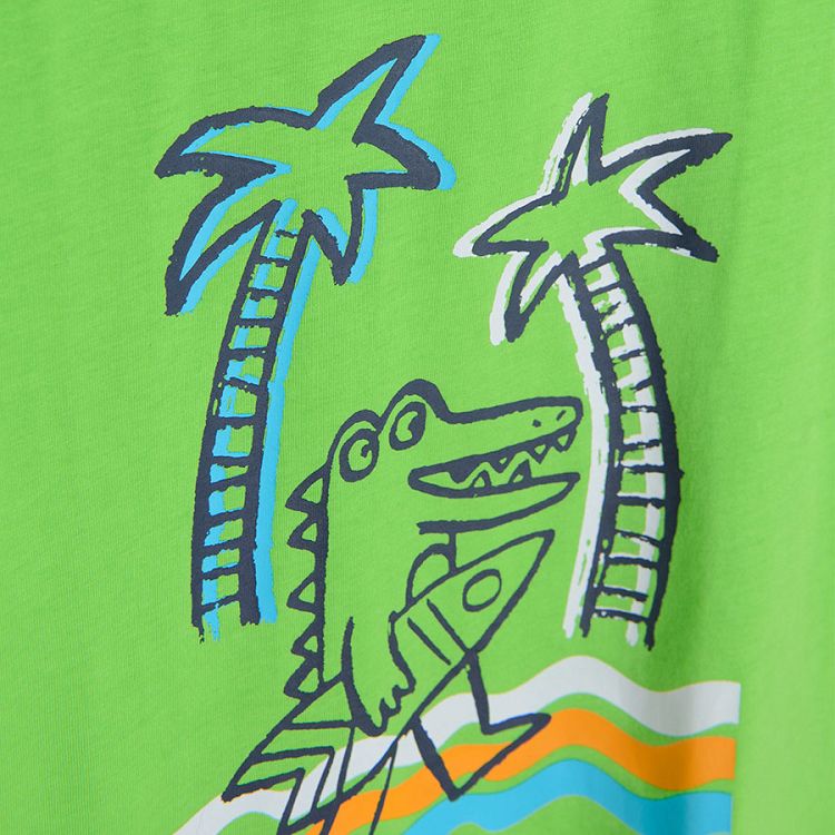 Purple short sleeve T-shirt with crocodile surfing print