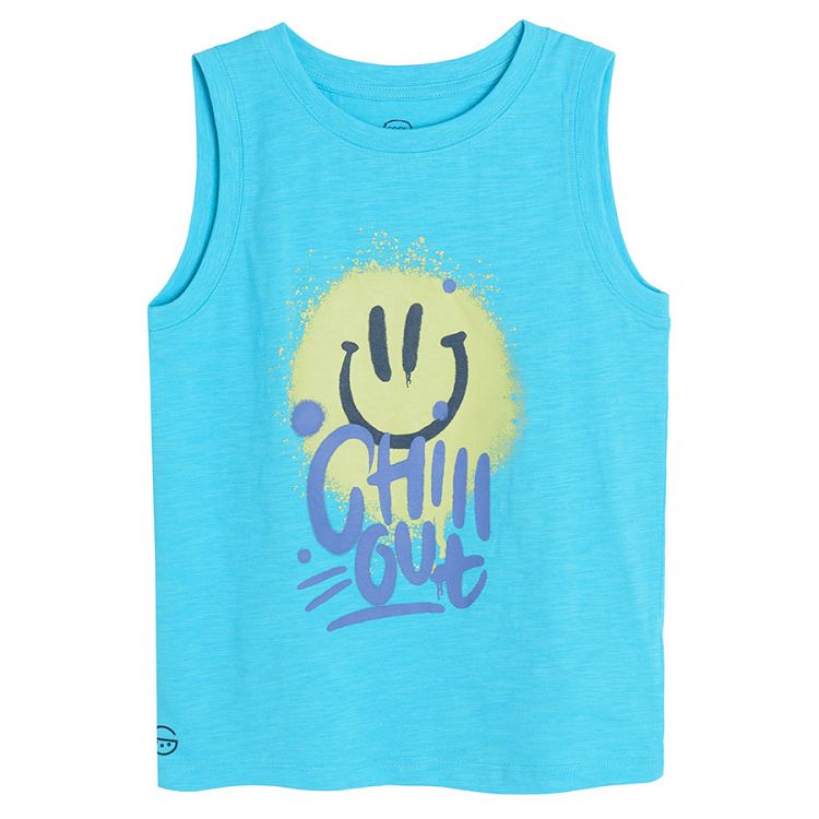 Light blue sleeveless T-shirt with CHILL OUT print