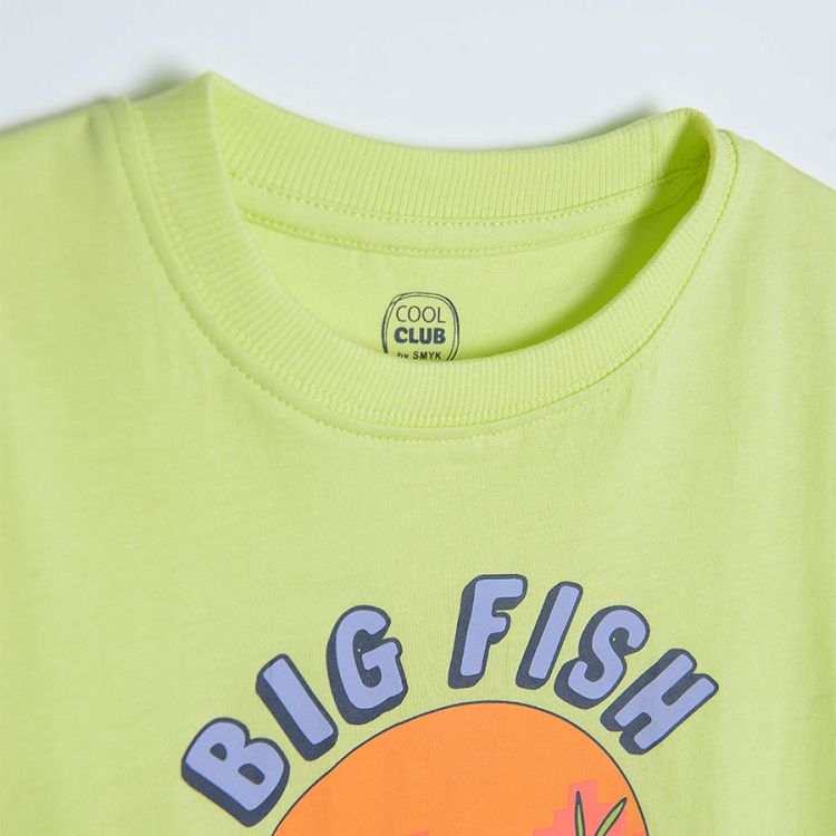 Lime short sleeve T-shirt with shark on car BIG FISH BACK IN TOWN print