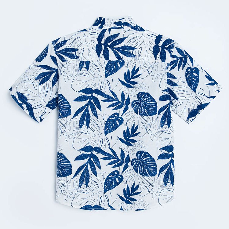 White short sleeve shirt with blue tropical leaves print and chest pocket