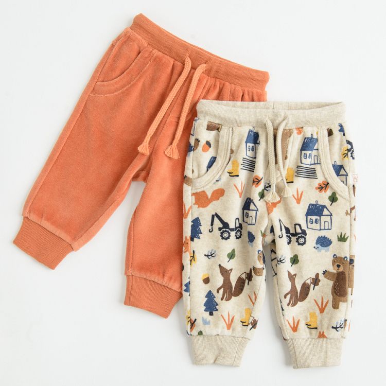 Orange and beige with trucks velvet jogging pants- 2 pack