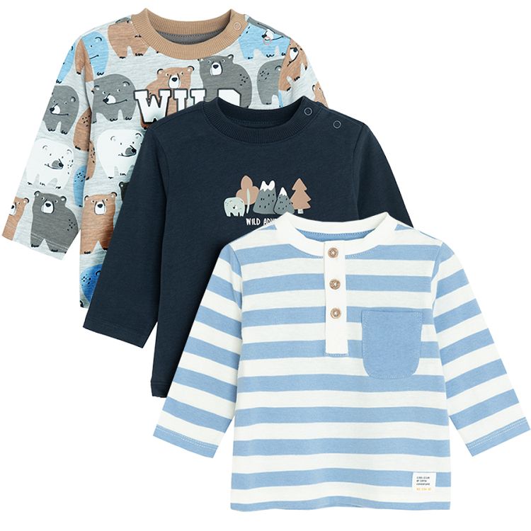 Blue, grey and blue stripped long sleeve blouses with bear print- 3 pack