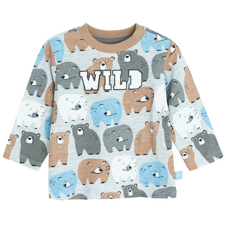 Blue, grey and blue stripped long sleeve blouses with bear print- 3 pack