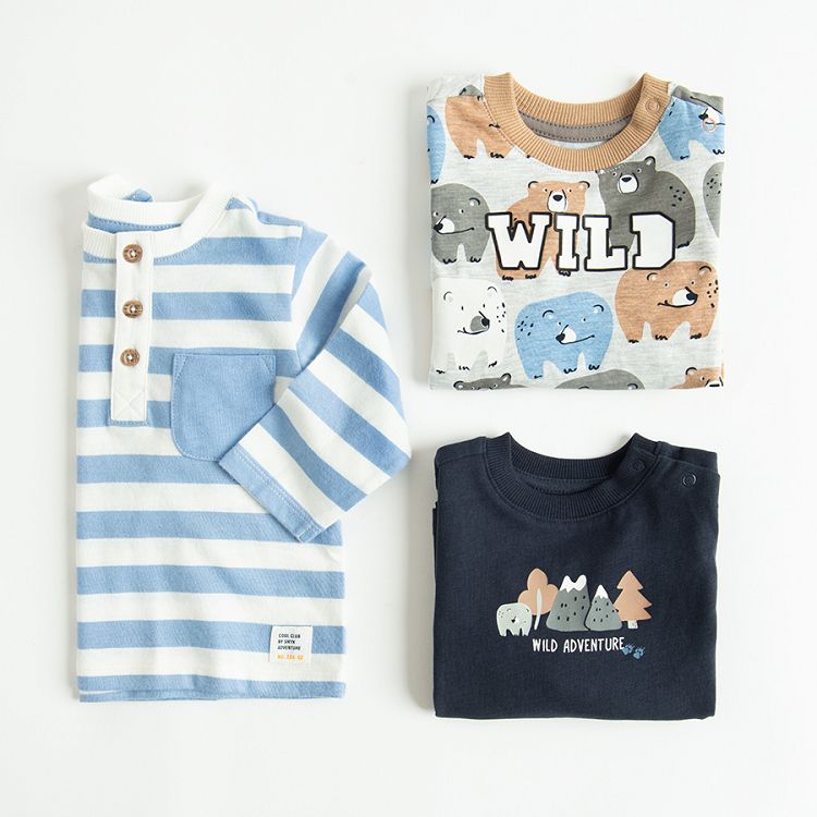 Blue, grey and blue stripped long sleeve blouses with bear print- 3 pack