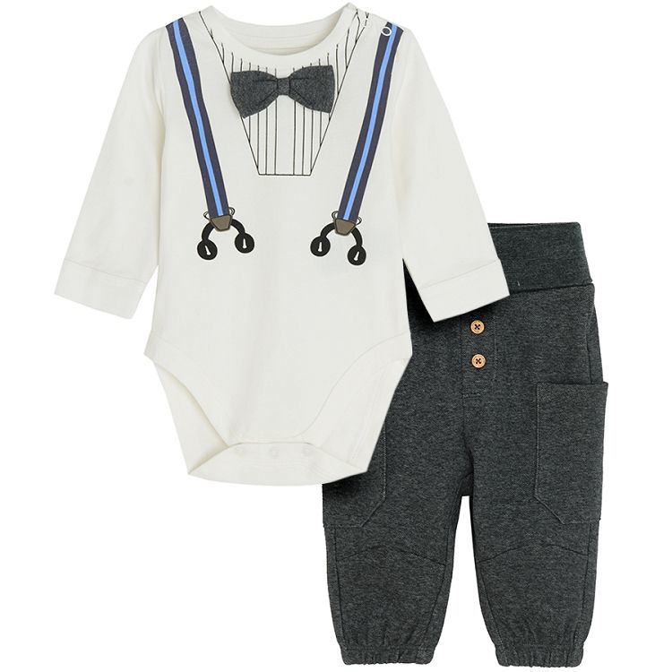 White long sleeve bodysuit with suspenders and bow tie print and grey jogging pants with external pockets