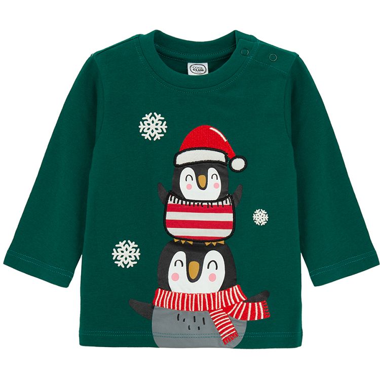 Green long sleeve blouse with penguins with Santa outfit