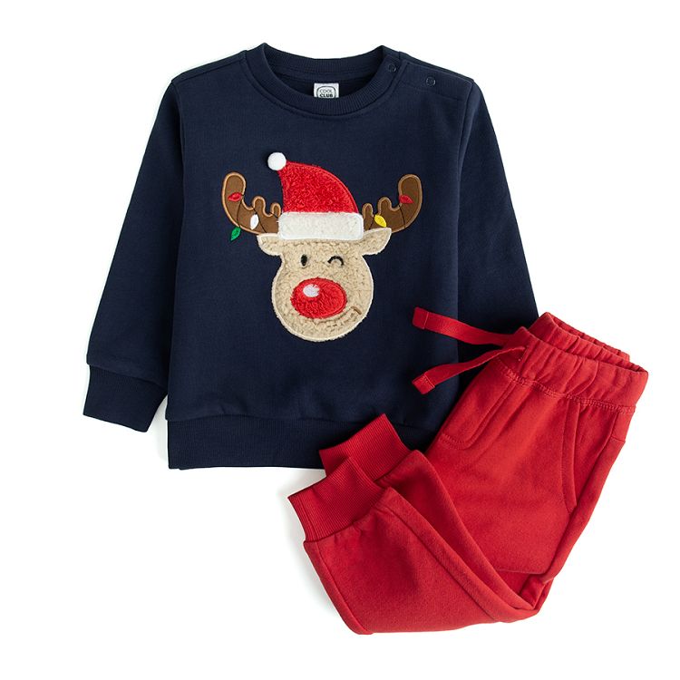 Jogging set, blue Santa raindeer sweater and red jogging pants