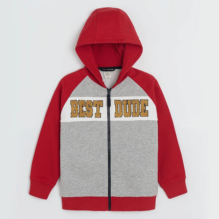 Grey and red hooded zip through sweatshirt