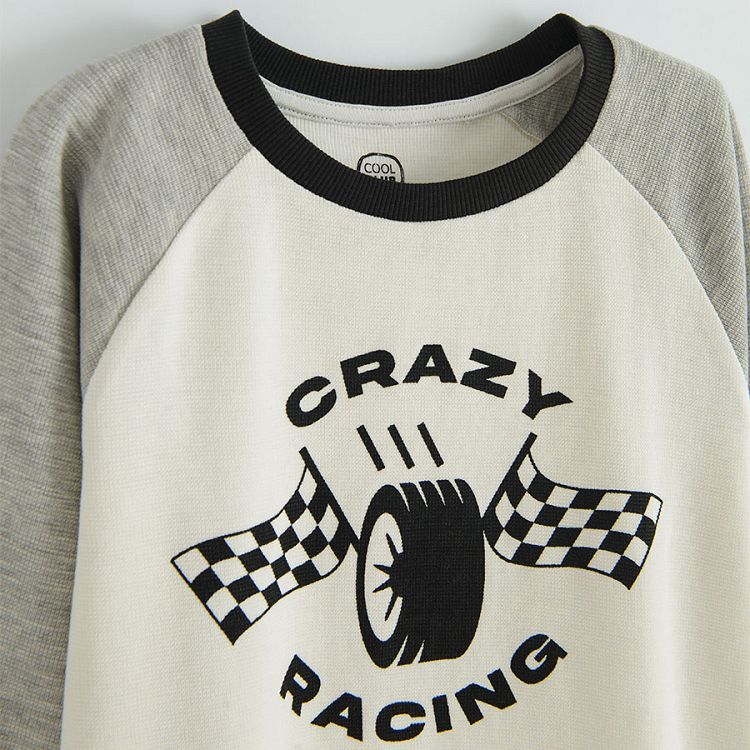 White with grey long sleeves blouse with 'Crazy racing' print