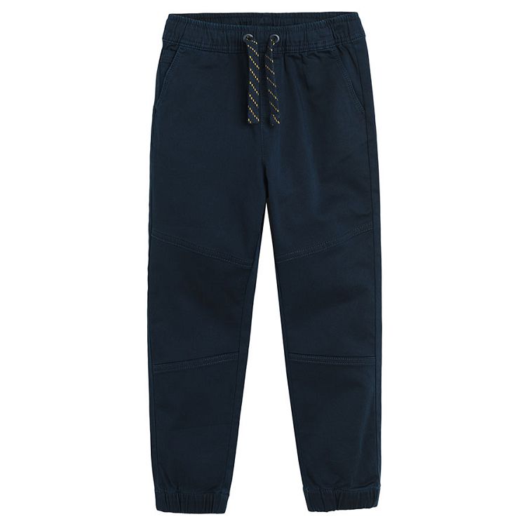 Dark blue trousers with adjustable waist