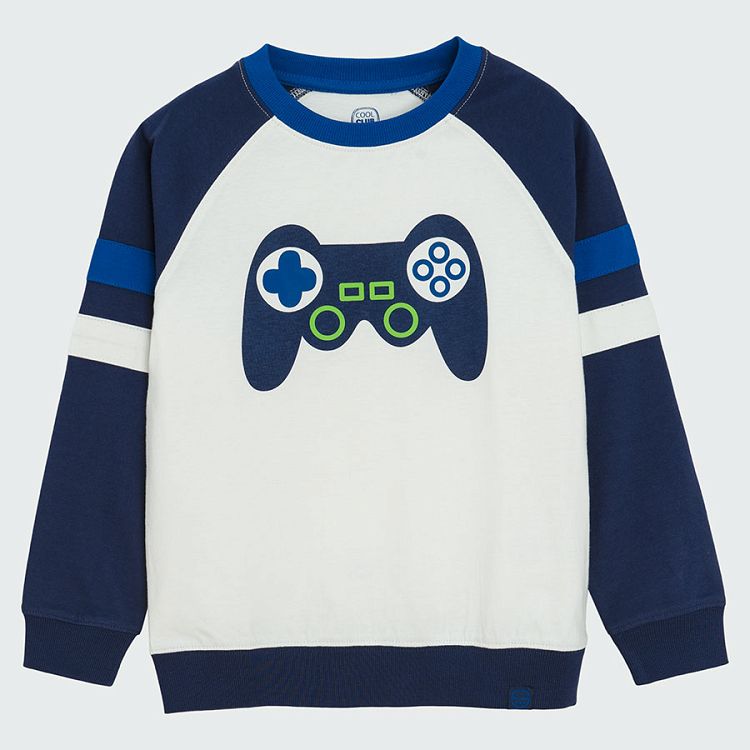 White with blue sleeve sweatshirt with joystick print