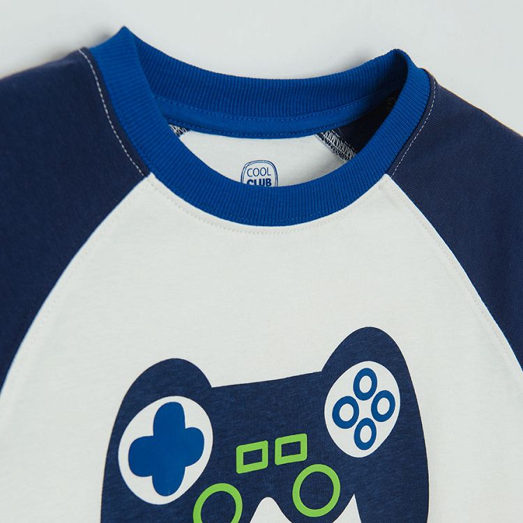 White with blue sleeve sweatshirt with joystick print