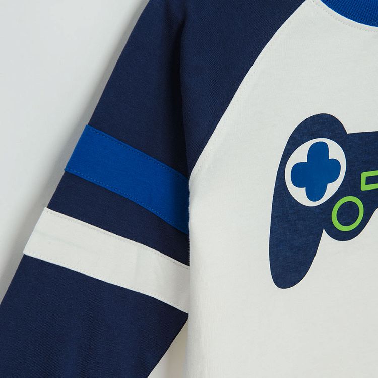 White with blue sleeve sweatshirt with joystick print