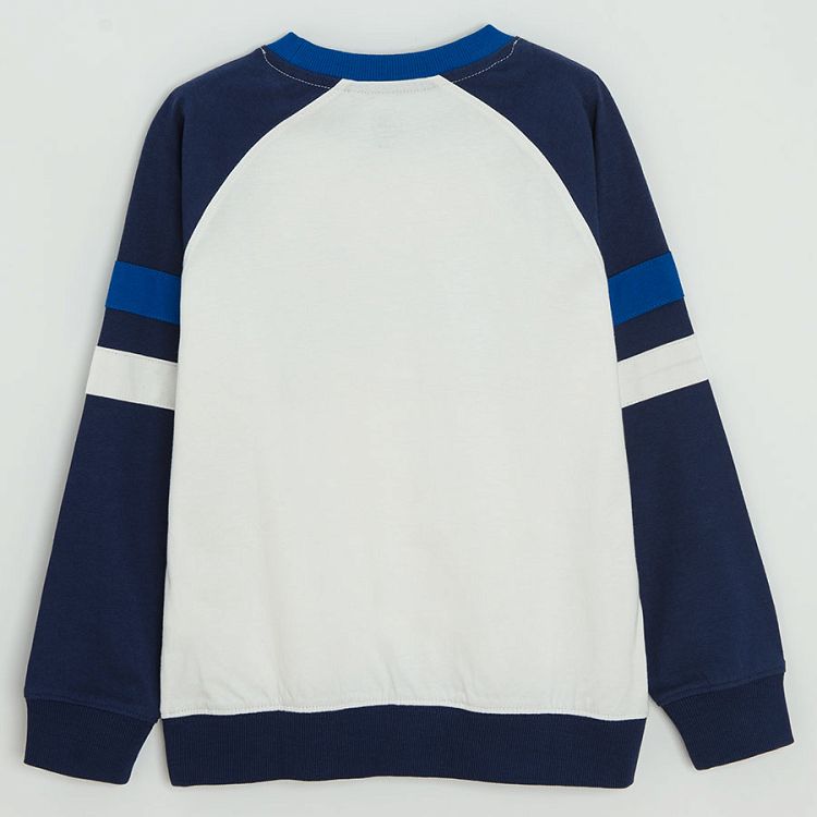 White with blue sleeve sweatshirt with joystick print