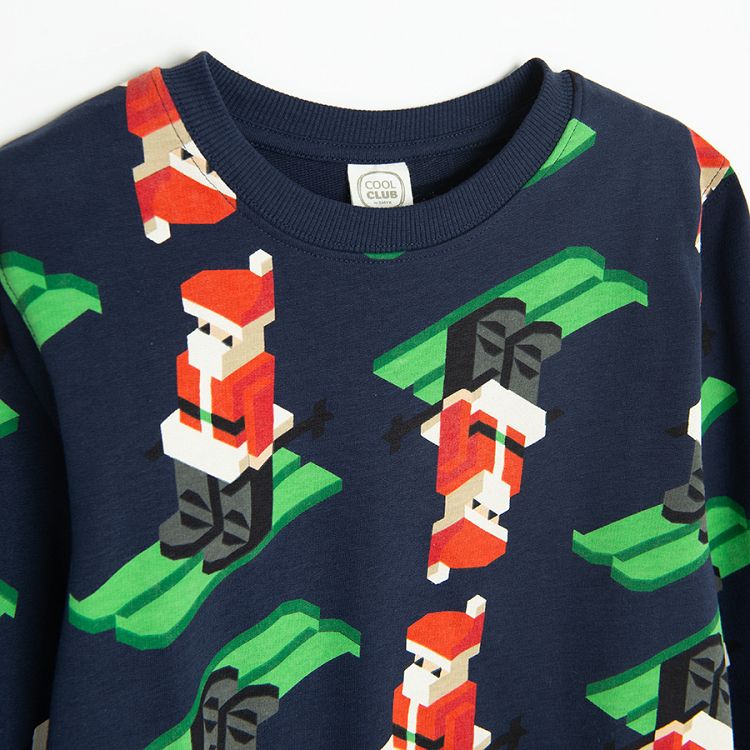 Blue sweatshirt with Santa Claus on skis print