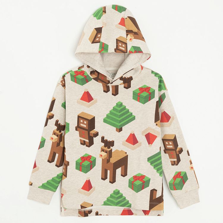 Ecru hooded sweatshirt with Christmas trees, raindeers made with buidling blocks print