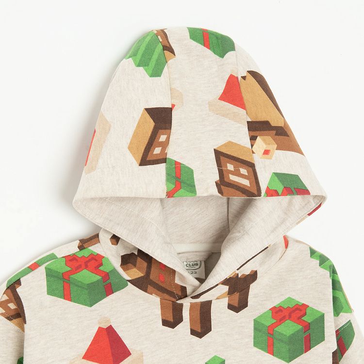 Ecru hooded sweatshirt with Christmas trees, raindeers made with buidling blocks print