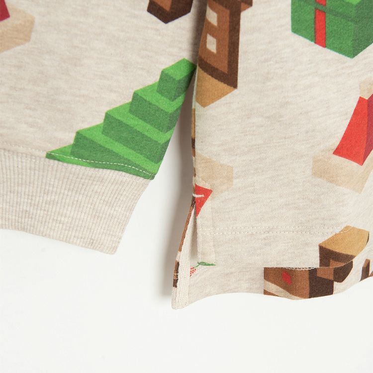 Ecru hooded sweatshirt with Christmas trees, raindeers made with buidling blocks print