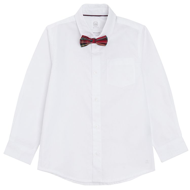 White long sleeve button down shirt and red bow tie