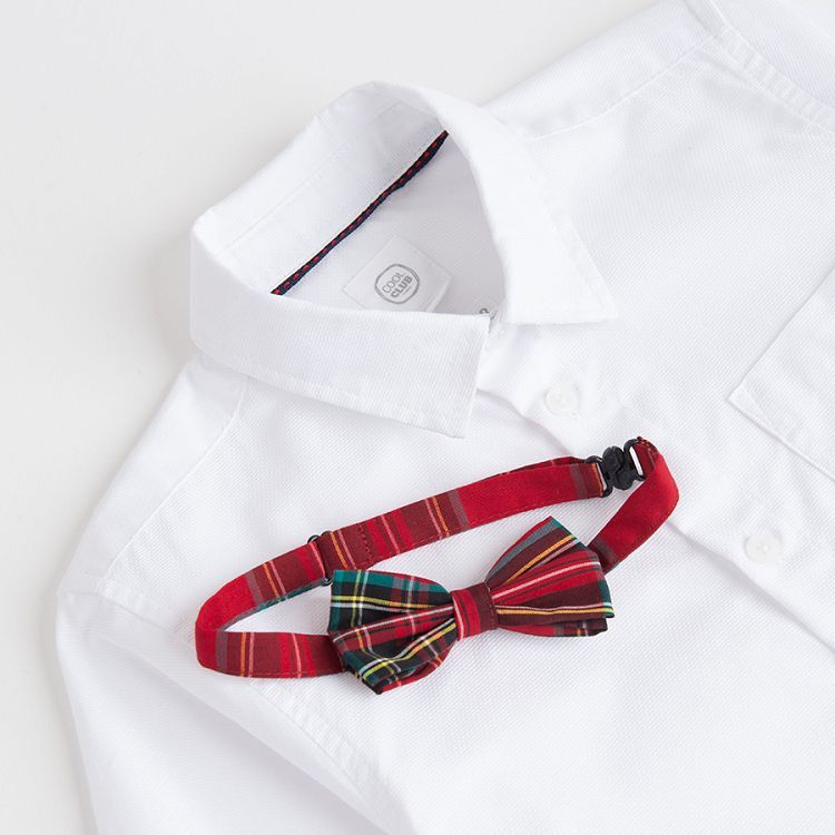 White long sleeve button down shirt and red bow tie