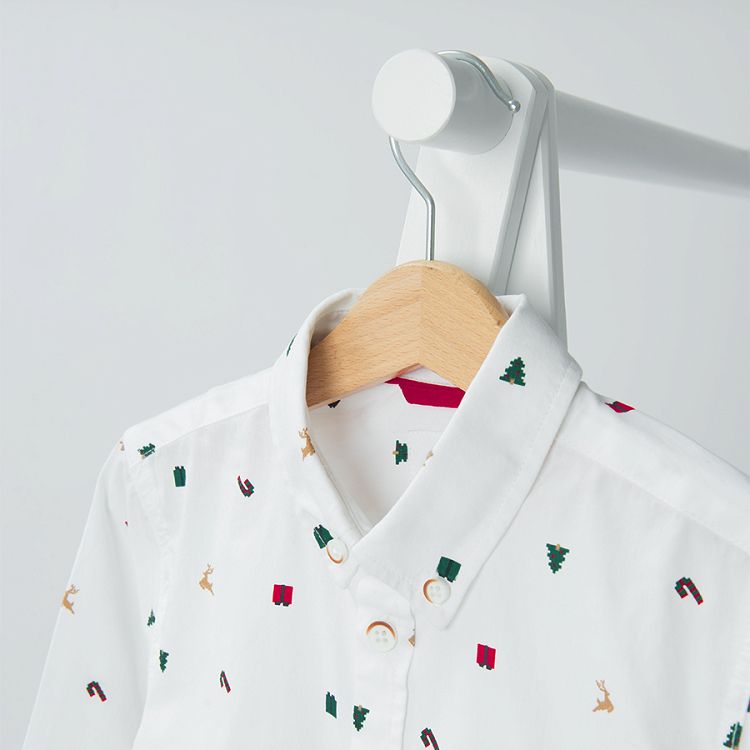 White with print button down print