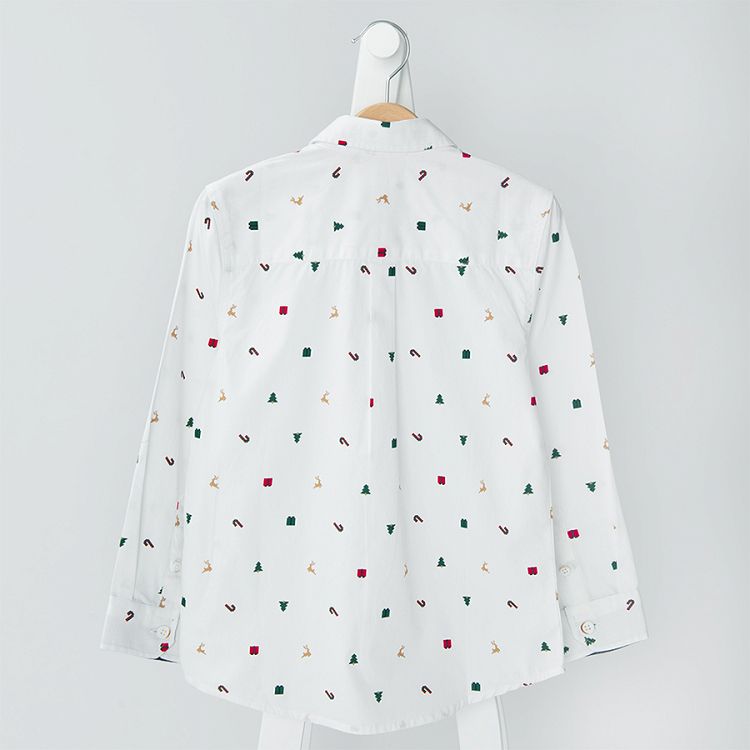 White with print button down print