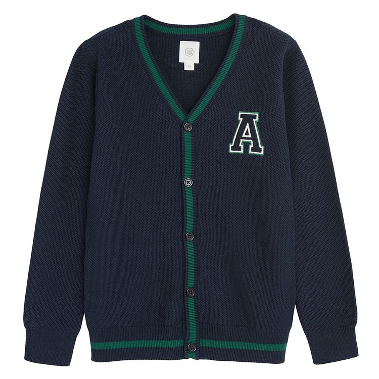 Dark blue cardigan with 'A' knit