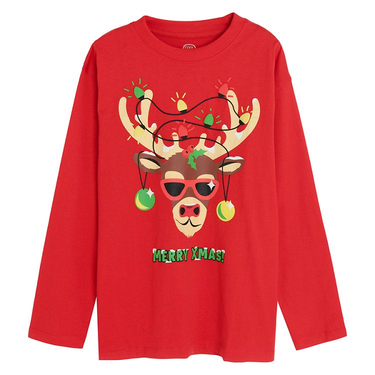 Red long sleeve blouse with raindeer and Christmas lights print