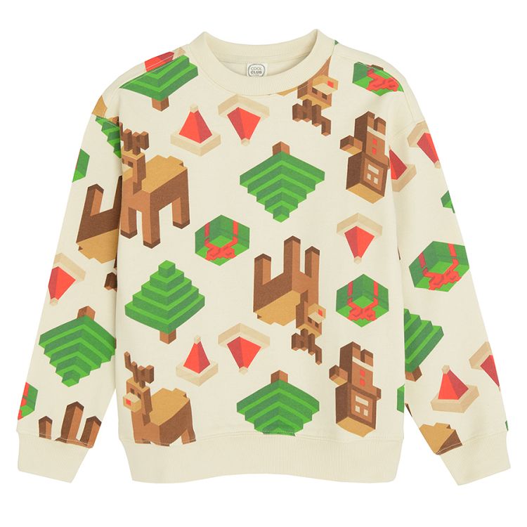 White sweatshirt with raindeer, cookies and christmas trees prints made of building blocks