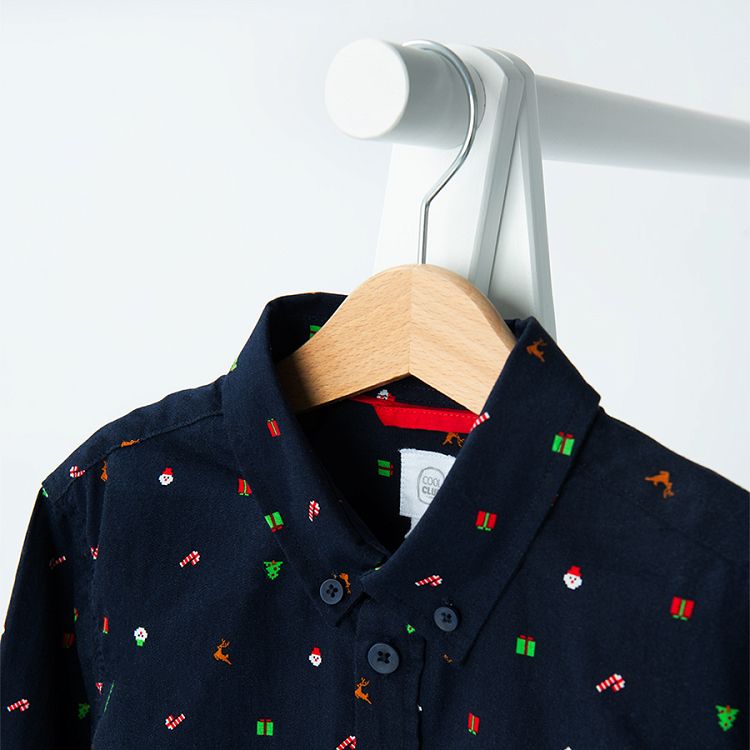 Blue button down long sleeve shirt with Christmas print