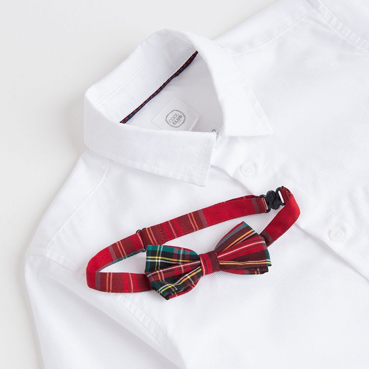 White long sleeve button down shirt and red bow tie