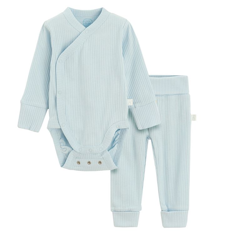 Light blue wrap long sleeve bodysuit and footless leggings